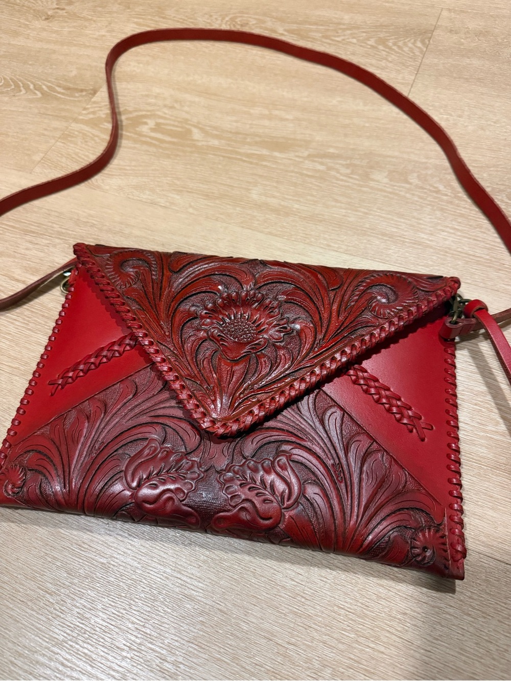 Anabaglish Red Tooled Leather Envelope Crossbody Bag